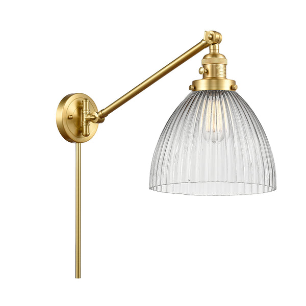 Seneca Falls Swing Arm shown in the Satin Gold finish with a Clear Halophane shade