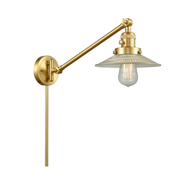 Halophane Swing Arm shown in the Satin Gold finish with a Clear Halophane shade