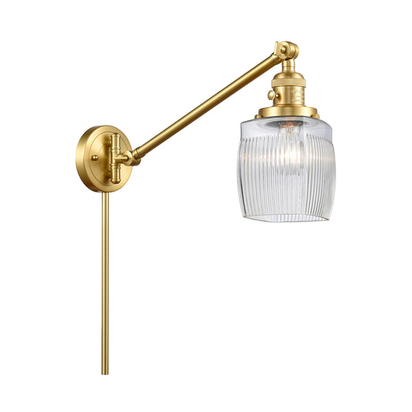 Colton Swing Arm shown in the Satin Gold finish with a Clear Halophane shade