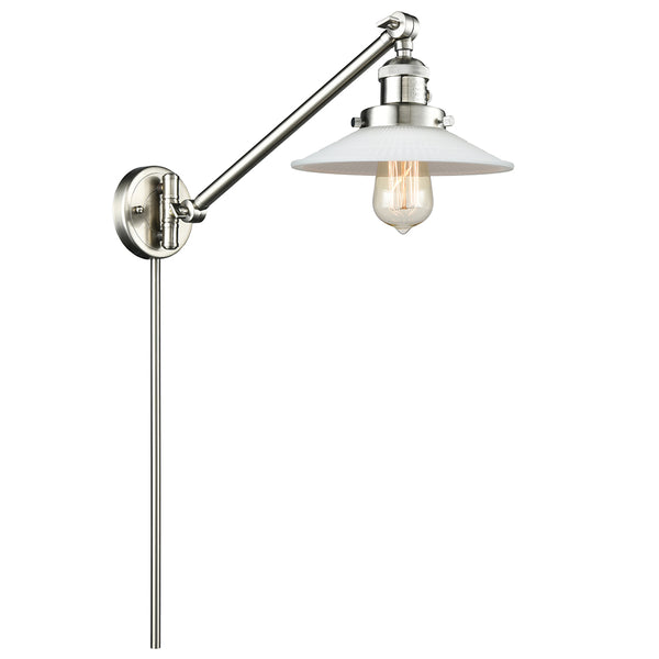 Halophane Swing Arm shown in the Brushed Satin Nickel finish with a Matte White Halophane shade