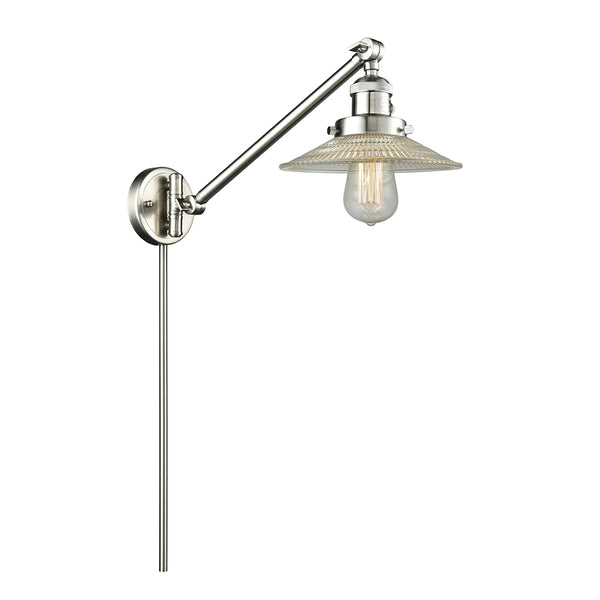 Halophane Swing Arm shown in the Brushed Satin Nickel finish with a Clear Halophane shade