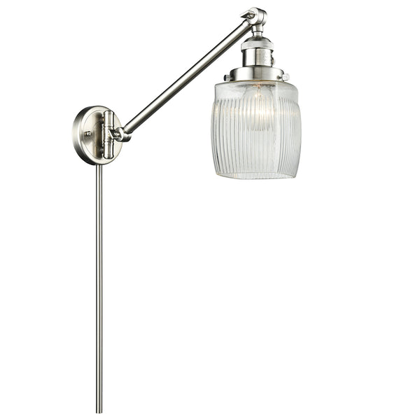 Colton Swing Arm shown in the Brushed Satin Nickel finish with a Clear Halophane shade