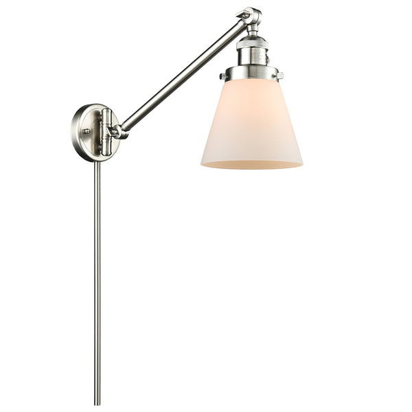 Cone Swing Arm shown in the Brushed Satin Nickel finish with a Matte White shade