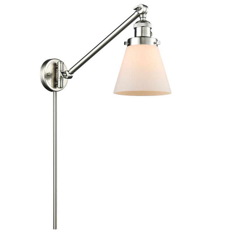 Cone Swing Arm shown in the Brushed Satin Nickel finish with a Matte White shade