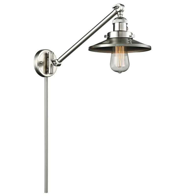 Railroad Swing Arm shown in the Brushed Satin Nickel finish with a Brushed Satin Nickel shade