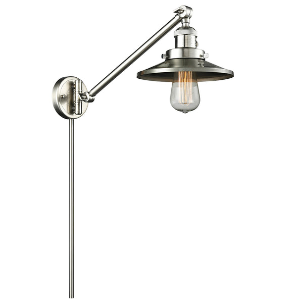 Railroad Swing Arm shown in the Brushed Satin Nickel finish with a Brushed Satin Nickel shade