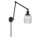 Colton Swing Arm shown in the Matte Black finish with a Clear Halophane shade