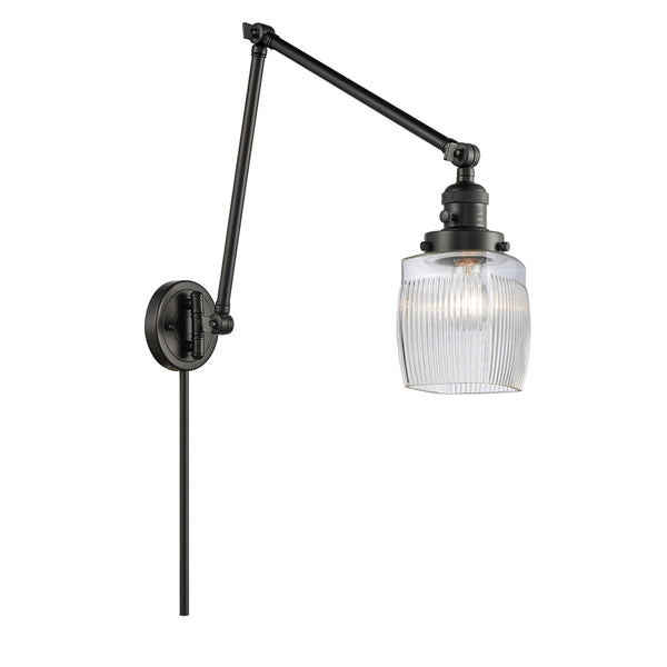 Colton Swing Arm shown in the Matte Black finish with a Clear Halophane shade