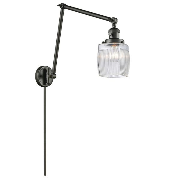Colton Swing Arm shown in the Oil Rubbed Bronze finish with a Clear Halophane shade