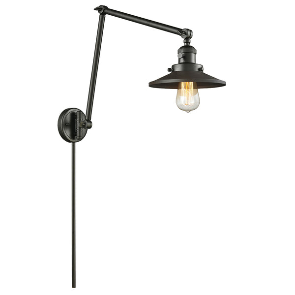 Railroad Swing Arm shown in the Oil Rubbed Bronze finish with a Oil Rubbed Bronze shade