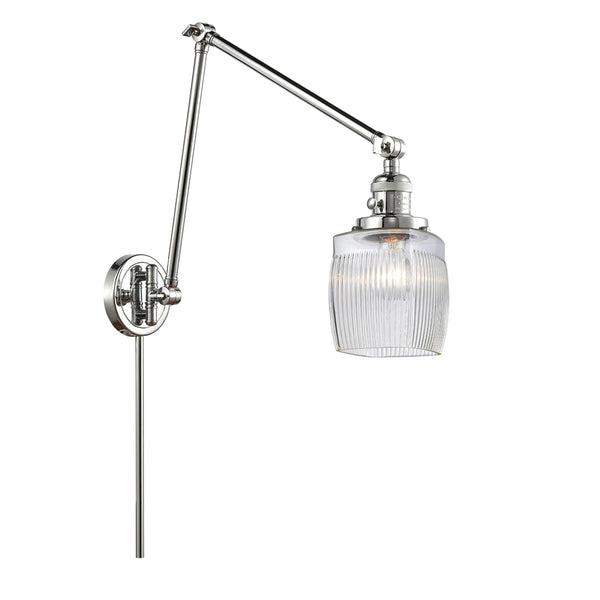 Colton Swing Arm shown in the Polished Chrome finish with a Clear Halophane shade