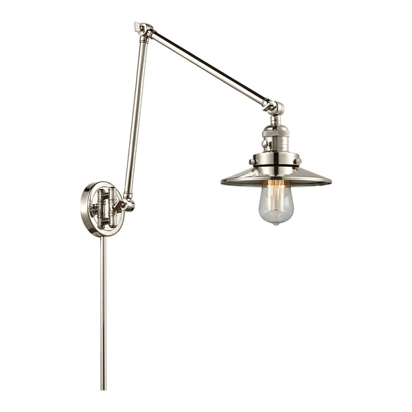 Railroad Swing Arm shown in the Polished Nickel finish with a Polished Nickel shade