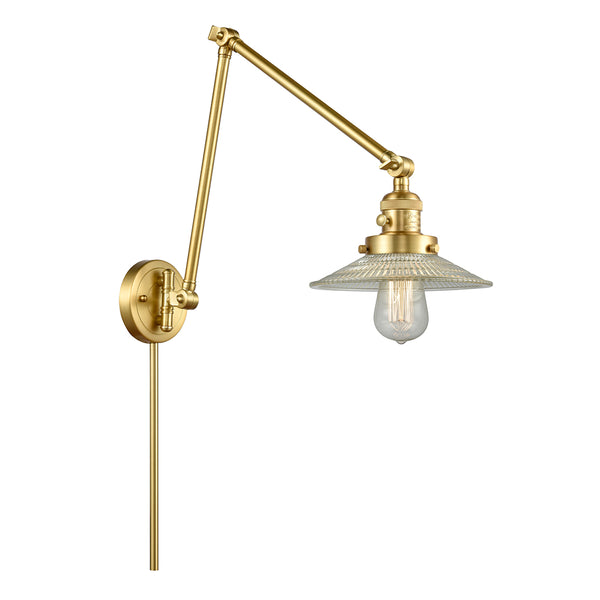 Halophane Swing Arm shown in the Satin Gold finish with a Clear Halophane shade