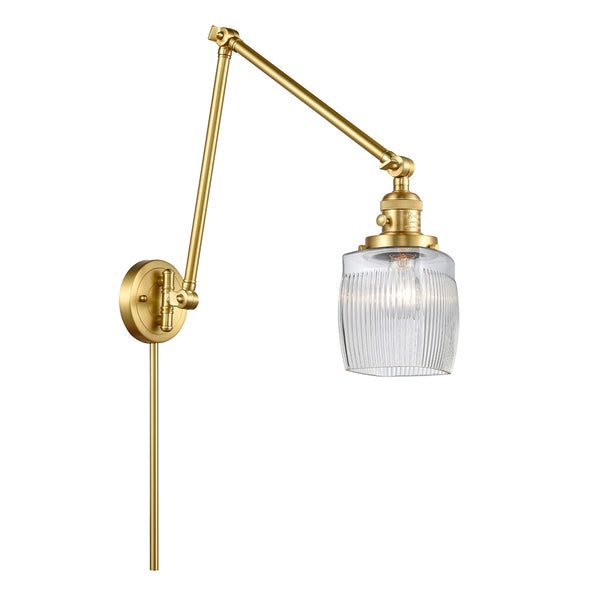 Colton Swing Arm shown in the Satin Gold finish with a Clear Halophane shade