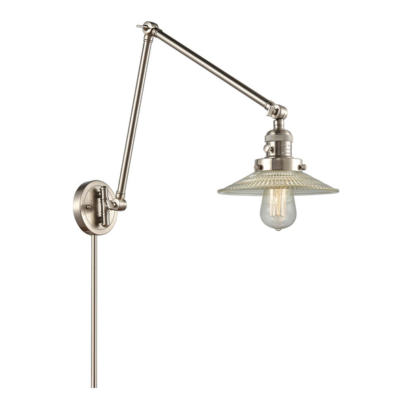 Halophane Swing Arm shown in the Brushed Satin Nickel finish with a Clear Halophane shade