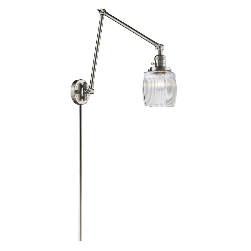 Colton Swing Arm shown in the Brushed Satin Nickel finish with a Clear Halophane shade