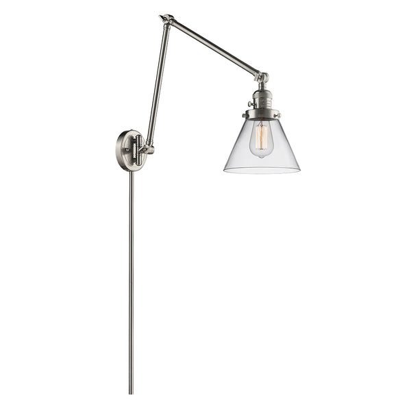 Cone Swing Arm shown in the Brushed Satin Nickel finish with a Clear shade