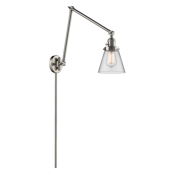 Cone Swing Arm shown in the Brushed Satin Nickel finish with a Clear shade