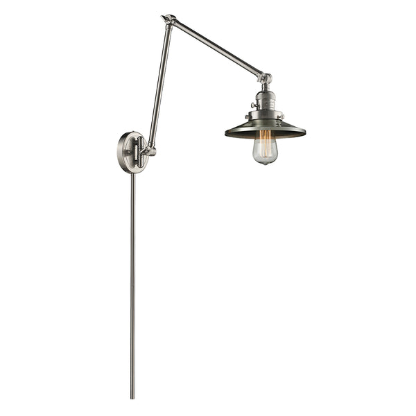 Railroad Swing Arm shown in the Brushed Satin Nickel finish with a Brushed Satin Nickel shade