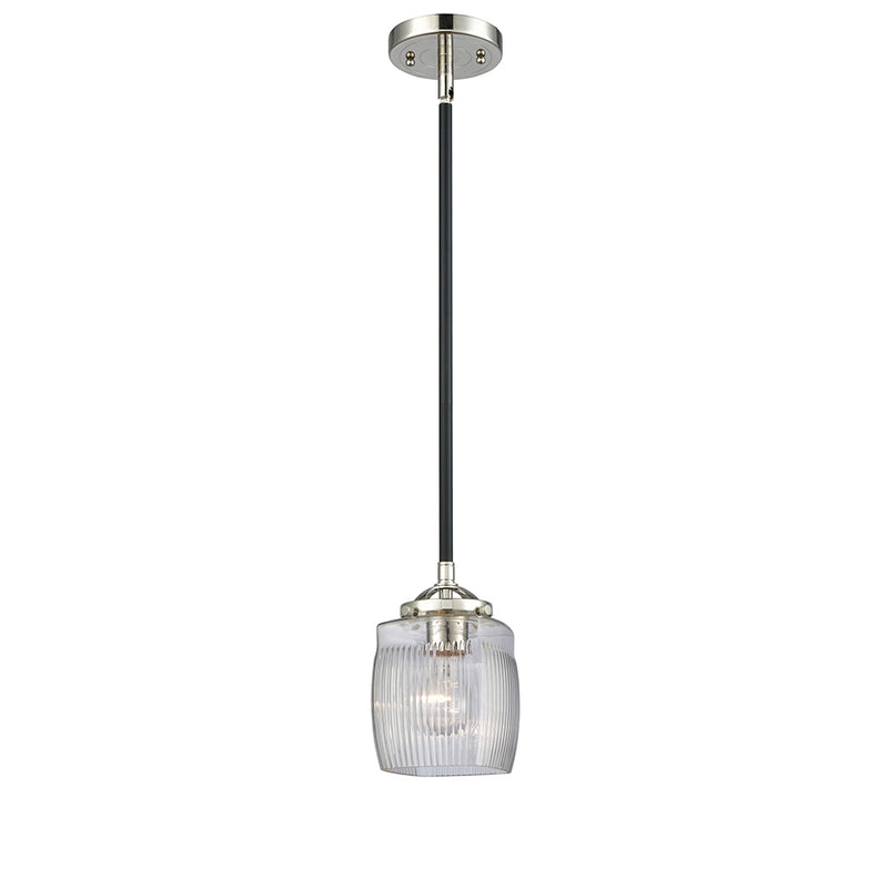 Colton Mini Pendant shown in the Black Polished Nickel finish with a Clear Halophane shade