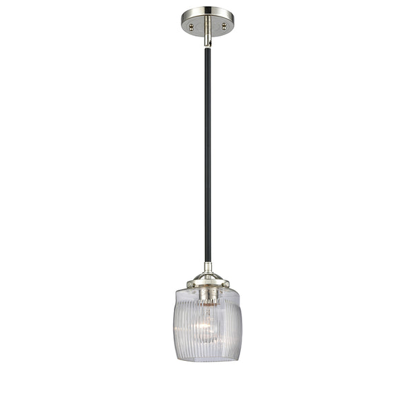 Colton Mini Pendant shown in the Black Polished Nickel finish with a Clear Halophane shade