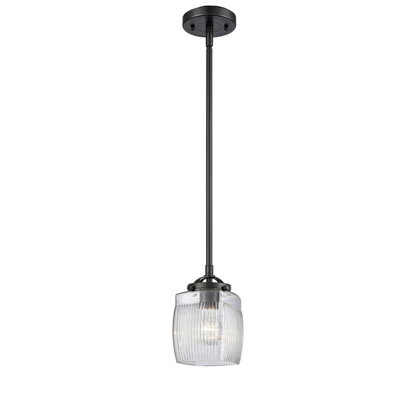 Colton Mini Pendant shown in the Oil Rubbed Bronze finish with a Clear Halophane shade