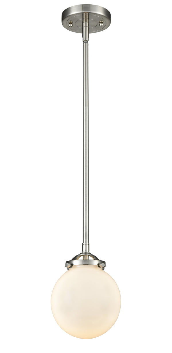 Innovations Lighting Beacon 1-80 watt 6 inch Brushed Satin Nickel Mini Pendant Gloss White glass  Hang Straight Swivel 2841SSNG2016