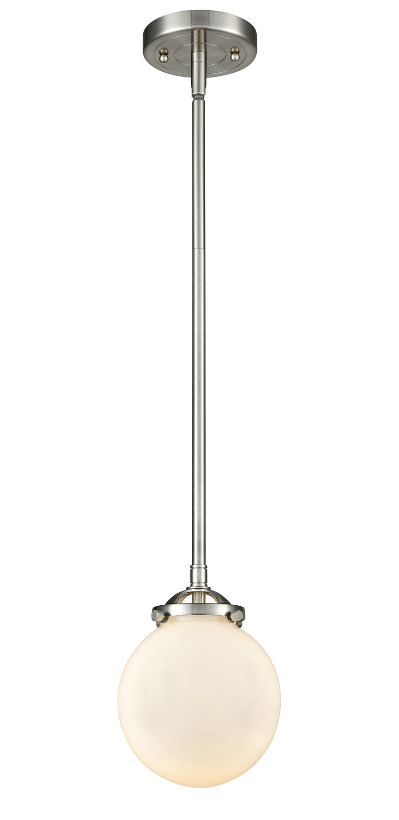 Innovations Lighting Beacon 1-80 watt 6 inch Brushed Satin Nickel Mini Pendant Gloss White glass  Hang Straight Swivel 2841SSNG2016