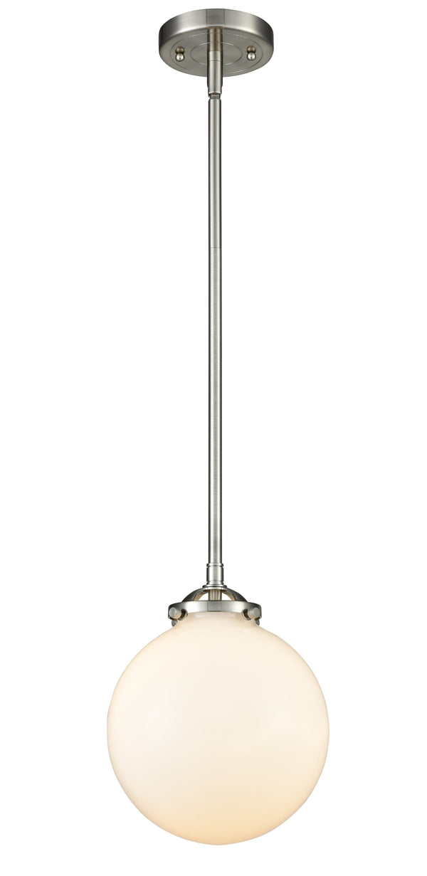 Innovations Lighting Beacon 1-100 watt 8 inch Brushed Satin Nickel Mini Pendant Gloss White glass  Hang Straight Swivel 2841SSNG2018