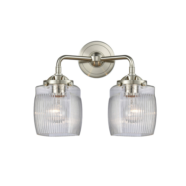 Colton Bath Vanity Light shown in the Brushed Satin Nickel finish with a Clear Halophane shade