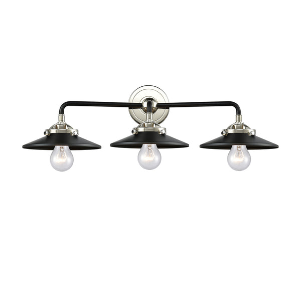 Railroad Bath Vanity Light shown in the Black Polished Nickel finish with a Matte Black shade