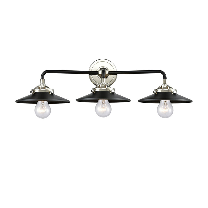Railroad Bath Vanity Light shown in the Black Polished Nickel finish with a Matte Black shade