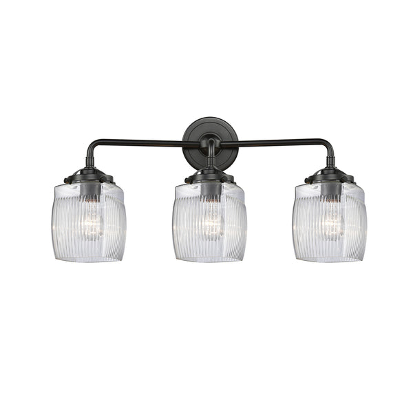 Colton Bath Vanity Light shown in the Oil Rubbed Bronze finish with a Clear Halophane shade