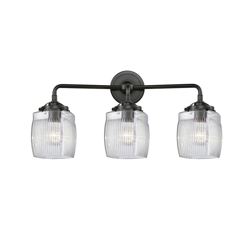 Colton Bath Vanity Light shown in the Oil Rubbed Bronze finish with a Clear Halophane shade