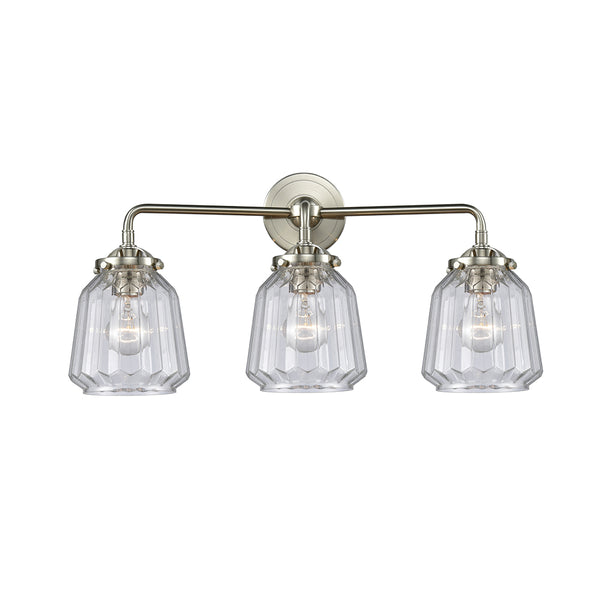 Chatham Bath Vanity Light shown in the Brushed Satin Nickel finish with a Clear shade