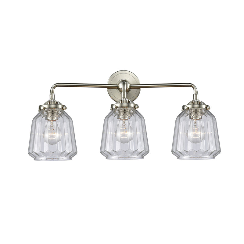 Chatham Bath Vanity Light shown in the Brushed Satin Nickel finish with a Clear shade