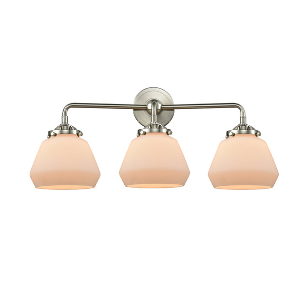 Fulton Bath Vanity Light shown in the Brushed Satin Nickel finish with a Matte White shade