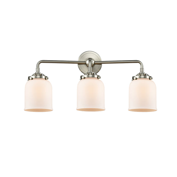 Bell Bath Vanity Light shown in the Brushed Satin Nickel finish with a Matte White shade