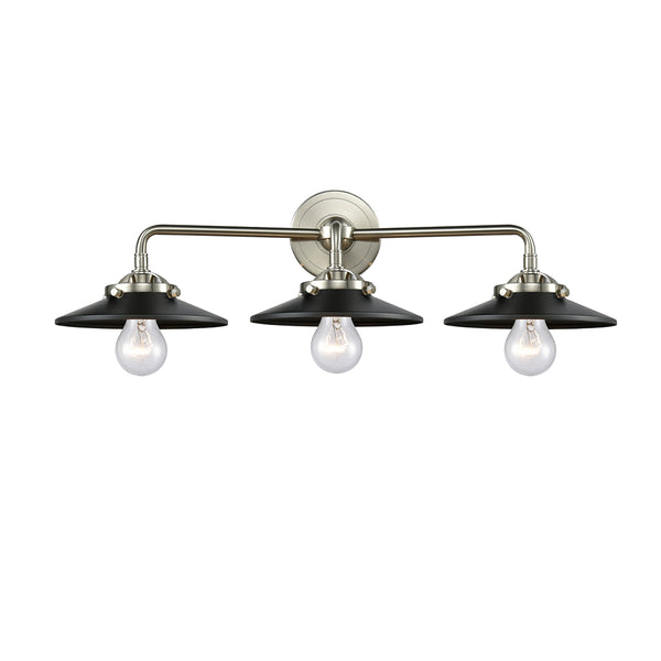 Railroad Bath Vanity Light shown in the Brushed Satin Nickel finish with a Matte Black shade