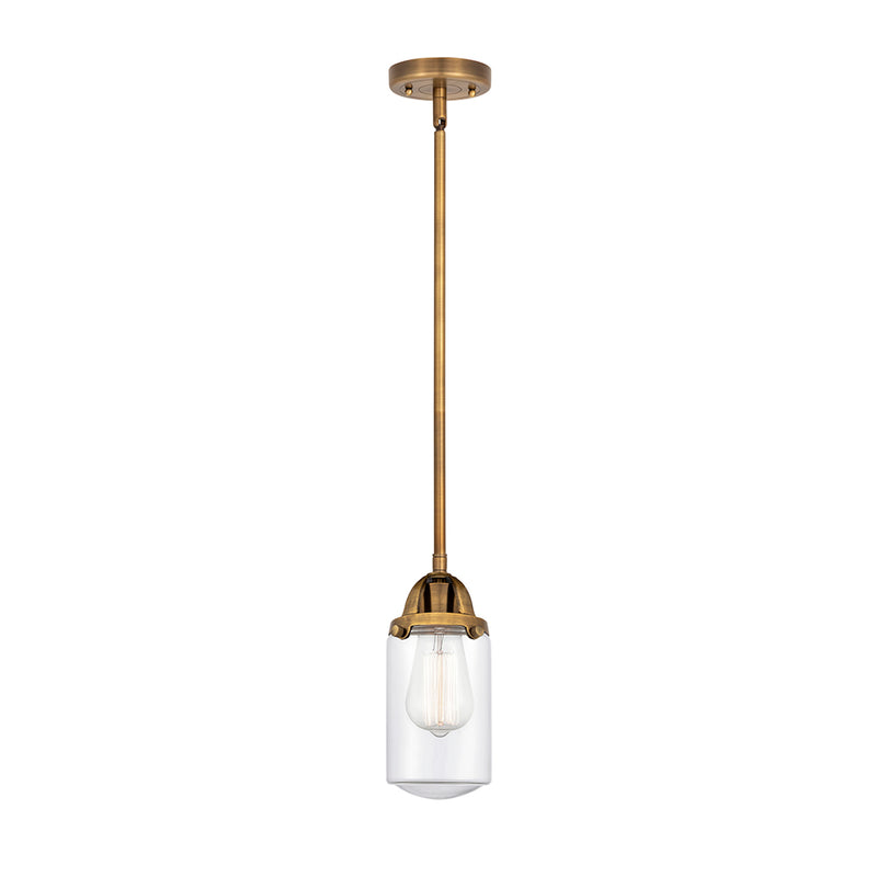 Dover Mini Pendant shown in the Brushed Brass finish with a Clear shade