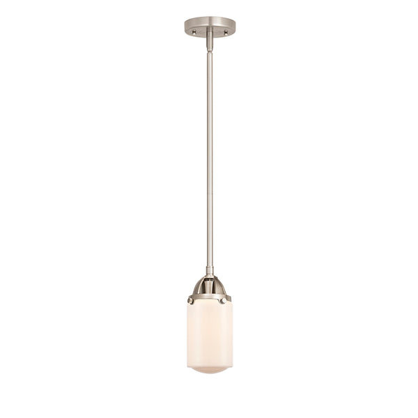Dover Mini Pendant shown in the Brushed Satin Nickel finish with a Matte White shade