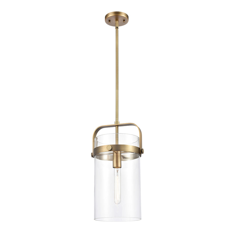 Pilaster Mini Pendant shown in the Brushed Brass finish with a Clear shade