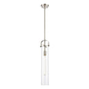 Pilaster Mini Pendant shown in the Brushed Satin Nickel finish with a Clear shade