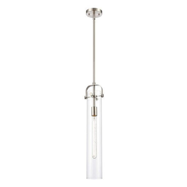 Pilaster Mini Pendant shown in the Brushed Satin Nickel finish with a Clear shade