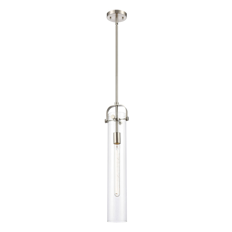 Pilaster Mini Pendant shown in the Brushed Satin Nickel finish with a Clear shade