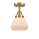 Fulton Flush Mount shown in the Brushed Brass finish with a Matte White shade