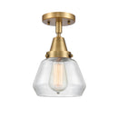 Fulton Flush Mount shown in the Brushed Brass finish with a Clear shade