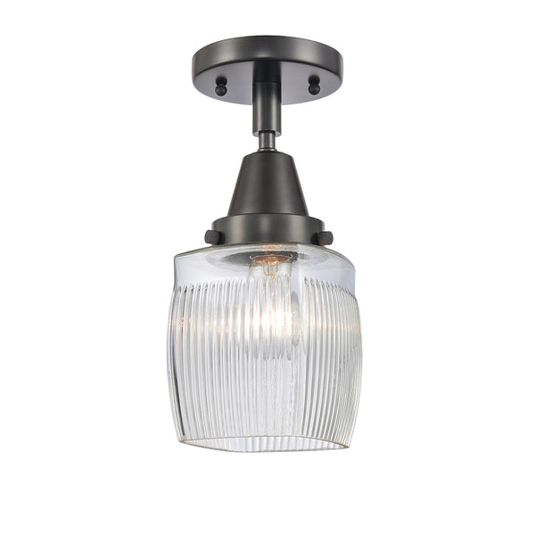 Colton Flush Mount shown in the Matte Black finish with a Clear Halophane shade