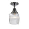 Colton Flush Mount shown in the Matte Black finish with a Clear Halophane shade