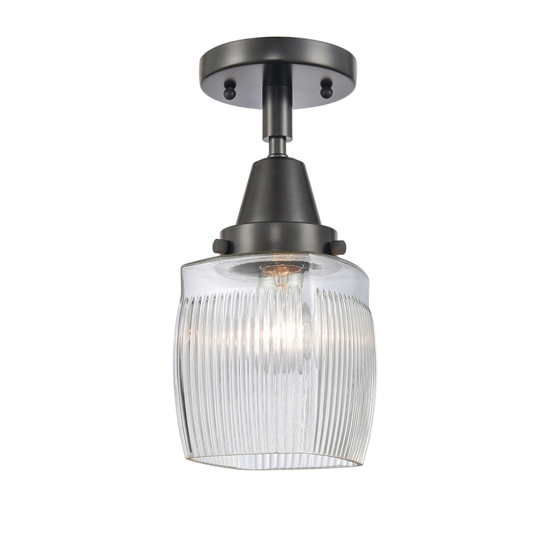 Colton Flush Mount shown in the Matte Black finish with a Clear Halophane shade